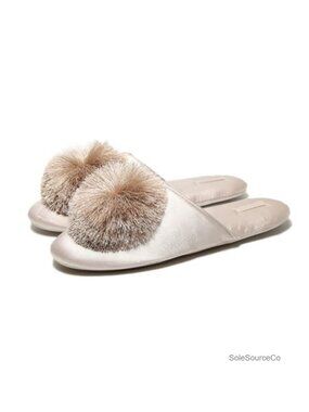 Satin Slide Slippers with Pompom Soft Cushioned Non-Slip House Shoes